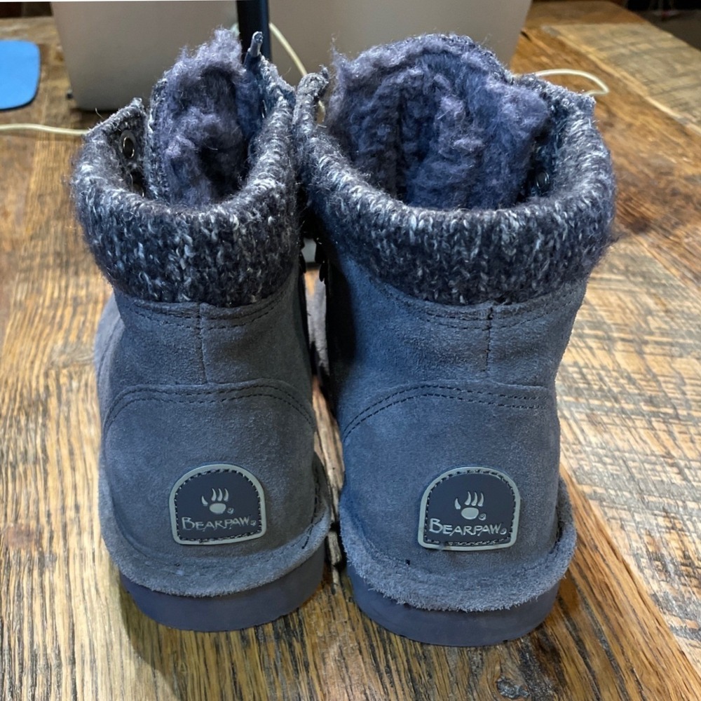 Bearpaw Womens Gray Suede Knit Collar Lace Up Ankle Boots Sz 6‎ Fur Lined Winter
